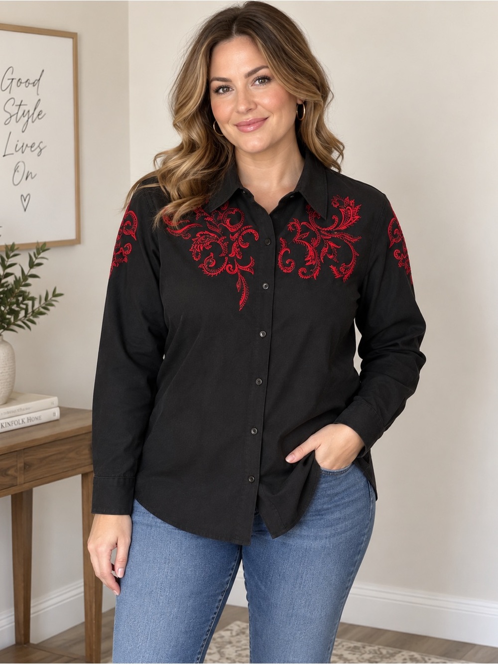 Victor Costa Occasion Black Red Embroidered Western Shirt Size L Fits XL